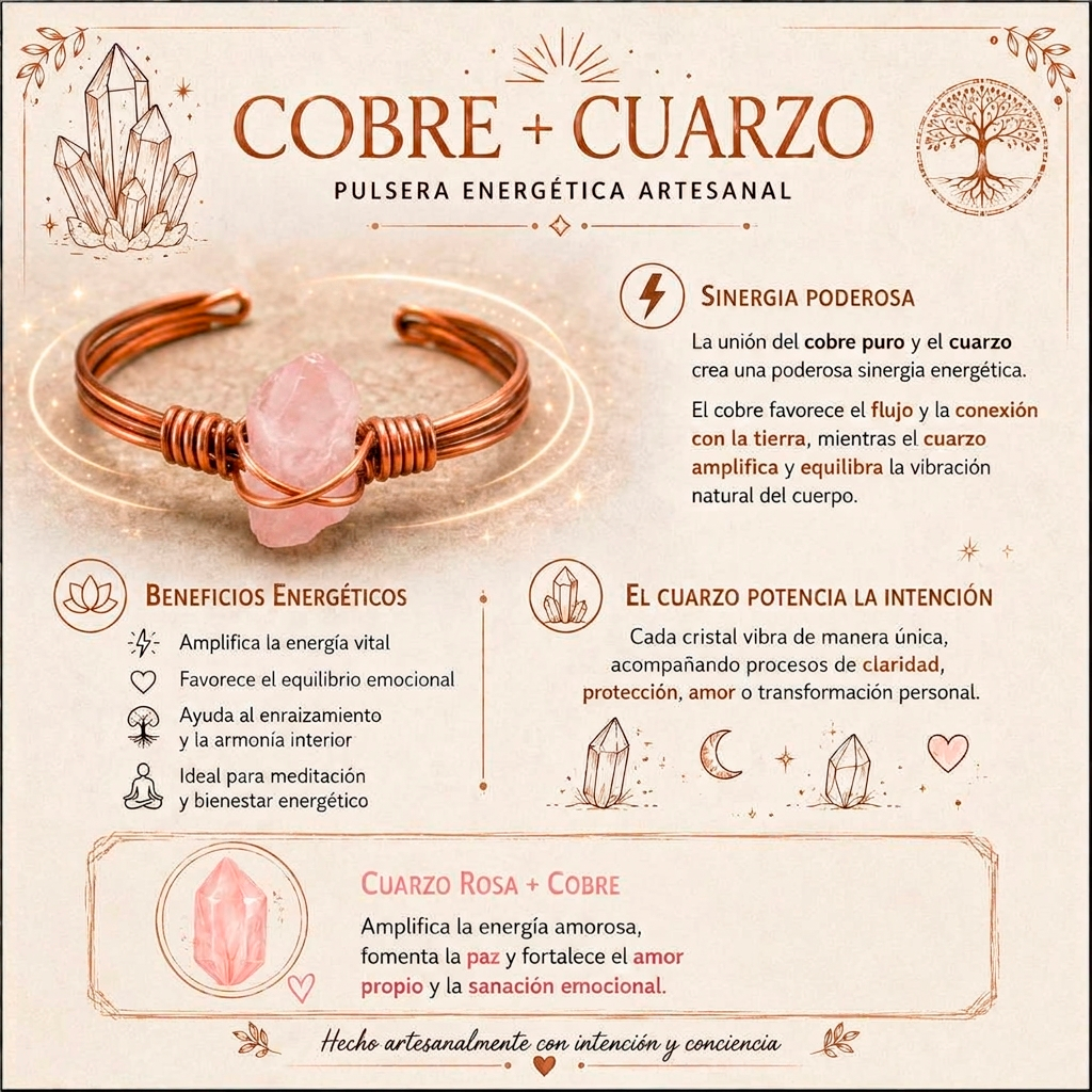 Pulsera Cobre + Cuarzo Rosa