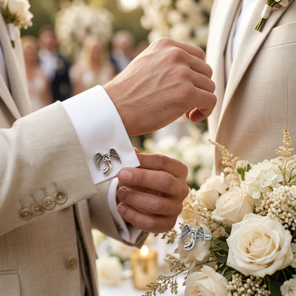 Diseño del pin de ángel como mancuernas en una boda