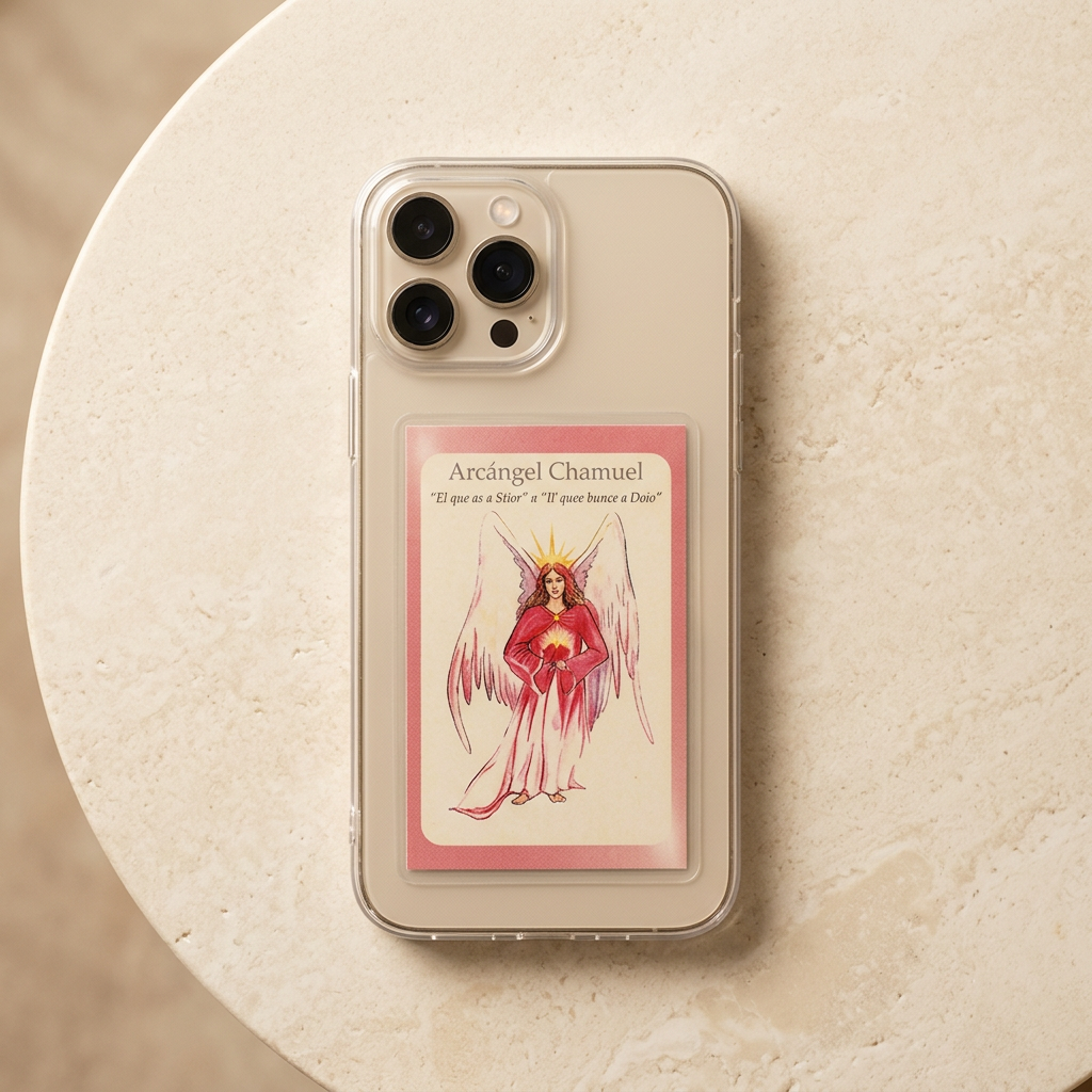Estampita de ángel en una funda transparente de celular