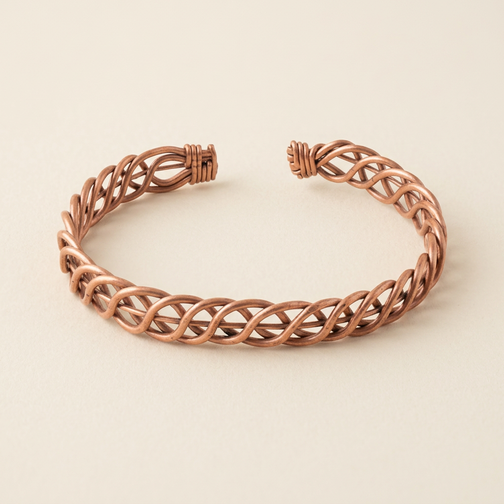 Pulsera de cobre completa sobre un fondo suave y tranquilo