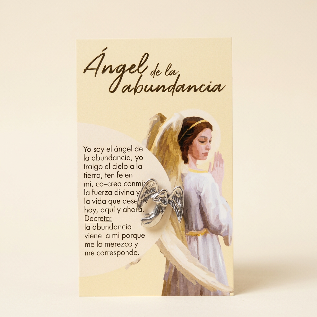 Tarjeta y pin del Ángel de la Abundancia sobre fondo marfil suave
